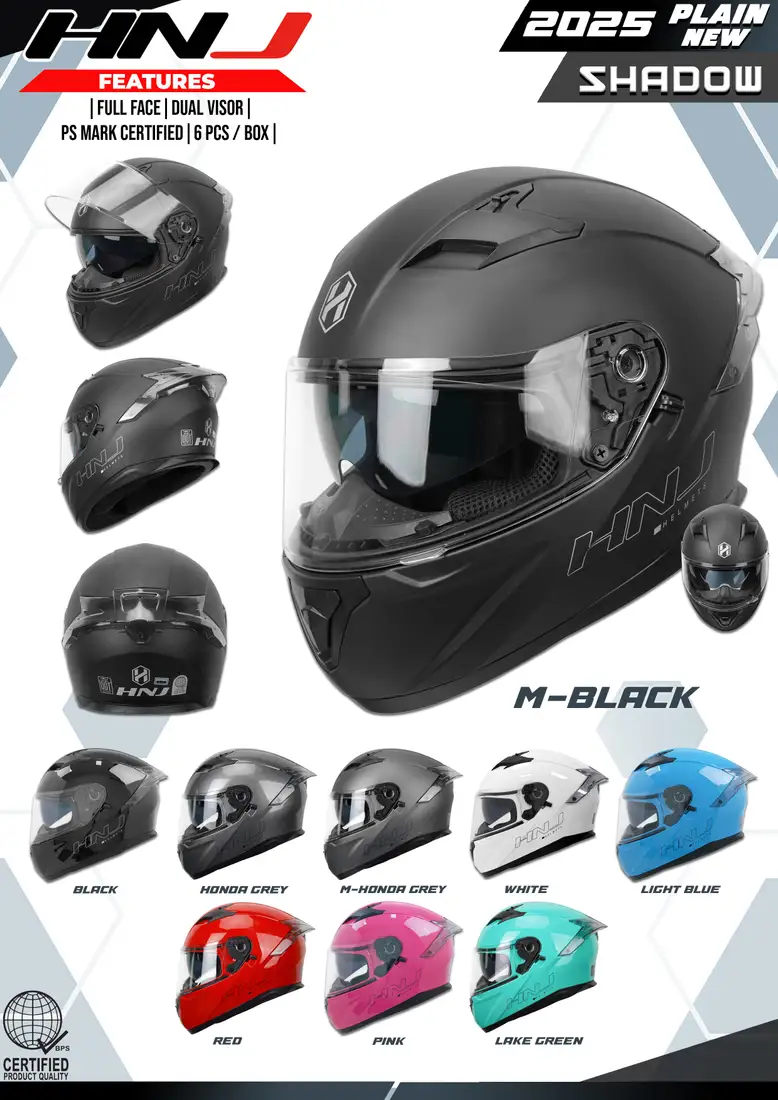 HNJ 2025 Shadow Black Plain Full Face Helmet