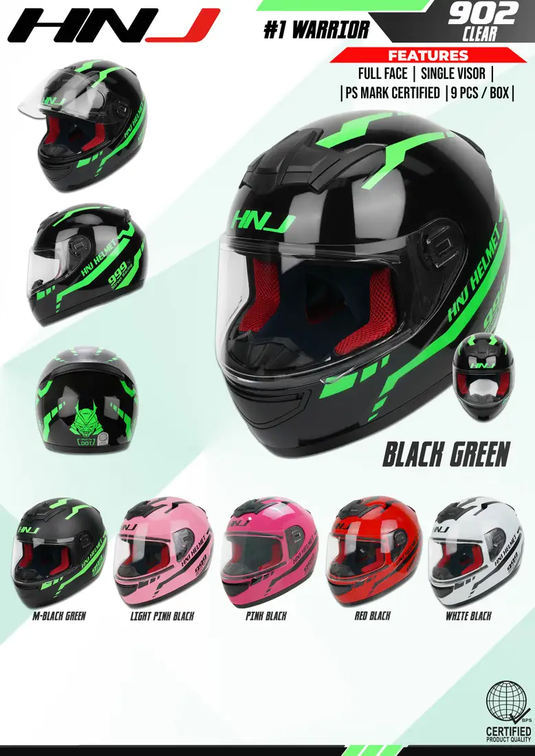 HNJ 902 Clear - 1# WARRIOR BLACK GREEN Full Face Helmet