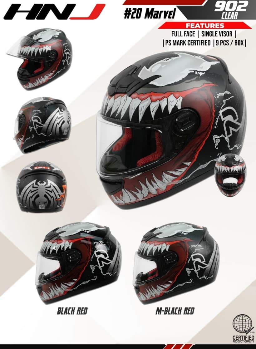 HNJ 902 Clear - 20# MARVEL BLACK RED Full Face Helmet HNJ 902 Clear - 20# MARVEL BLACK RED Full Face Helmet - Main image