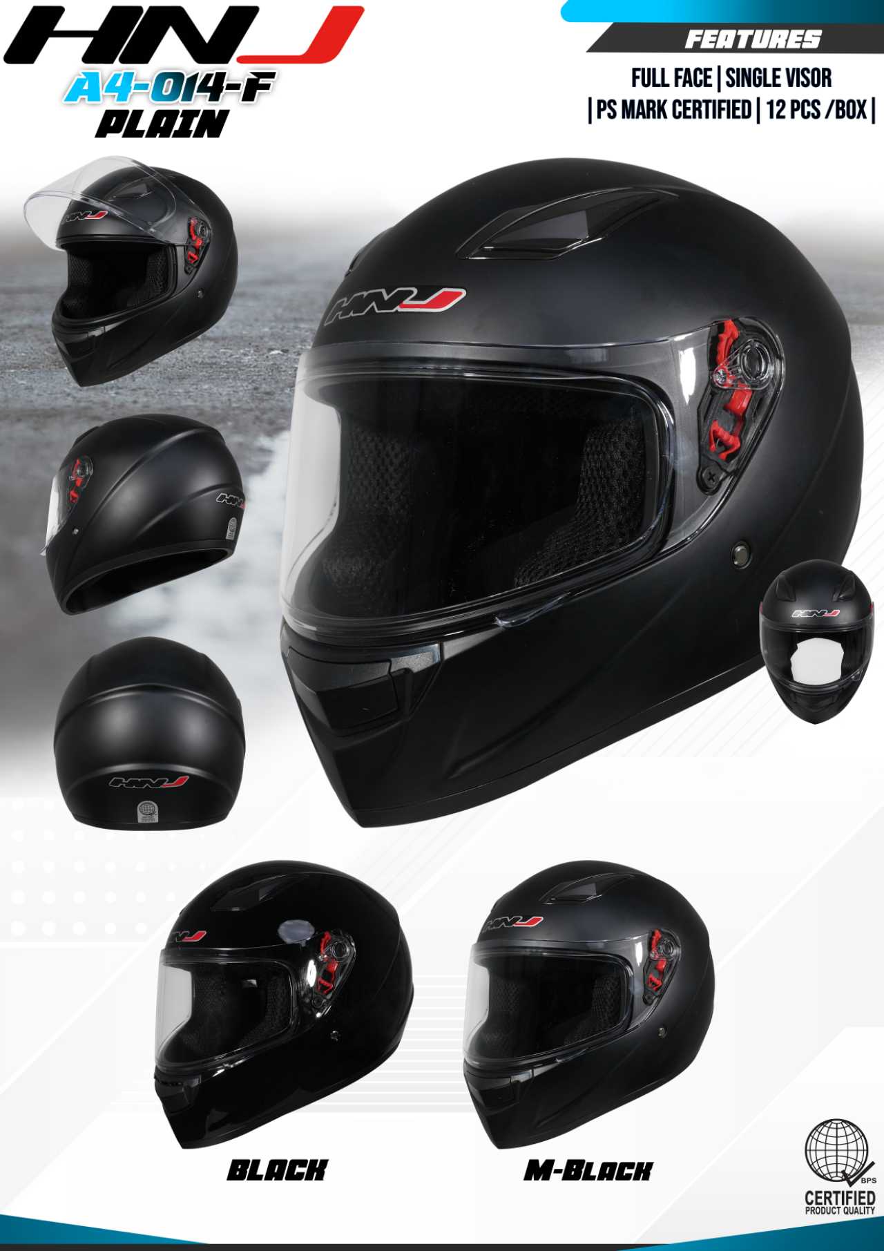 HNJ A4-014-F - BLACK Full Face Helmet HNJ A4-014-F - BLACK Full Face Helmet - Main image