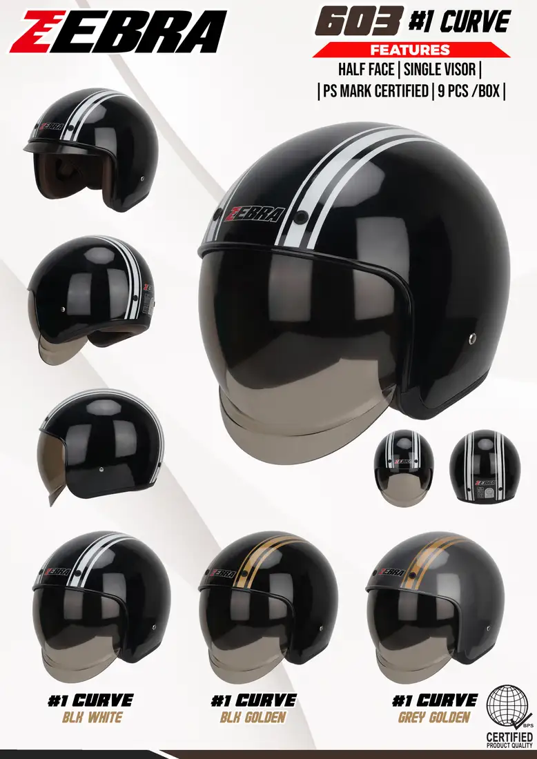 ZEBRA 603 - 1# CURVE BLACK GOLDEN Half Face Helmet
