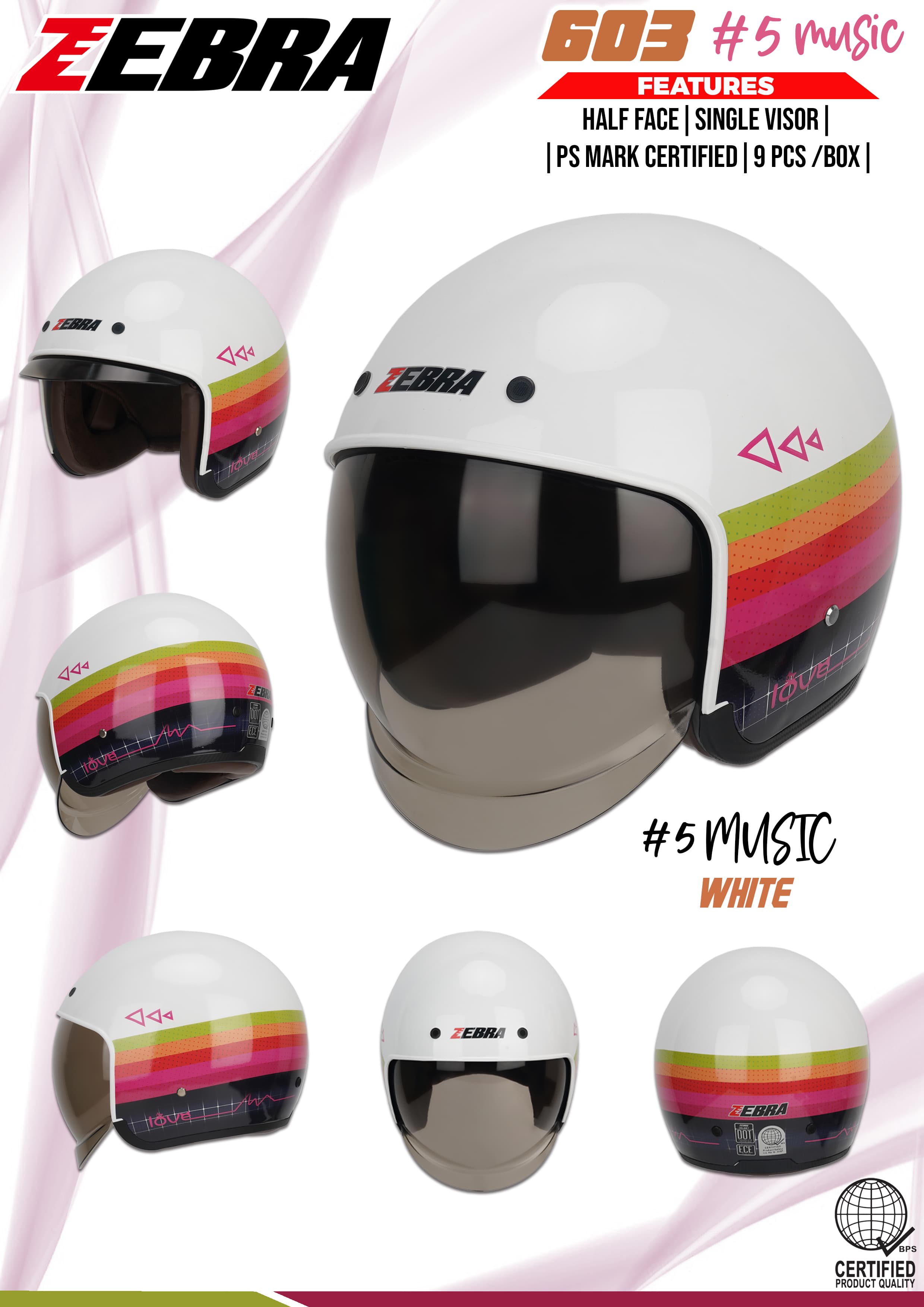 ZEBRA 603 - 5# MUSIC WHITE Half Face Helmet ZEBRA 603 - 5# MUSIC WHITE Half Face Helmet - Main image