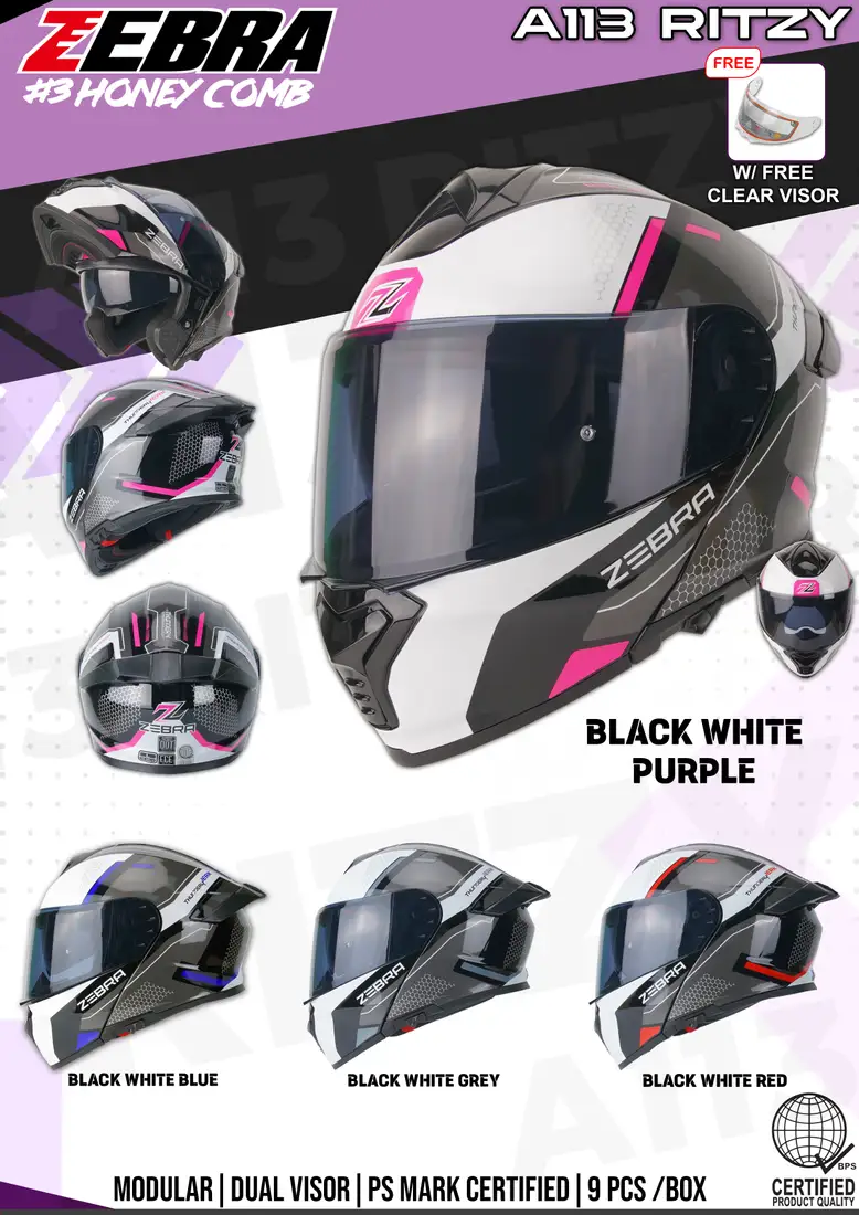 ZEBRA A113 RITZY Graphic - 3# HONEYCOMB BLACK WHITE RED Modular Helmet ZEBRA A113 RITZY Graphic - 3# HONEYCOMB BLACK WHITE RED Modular Helmet - Main image