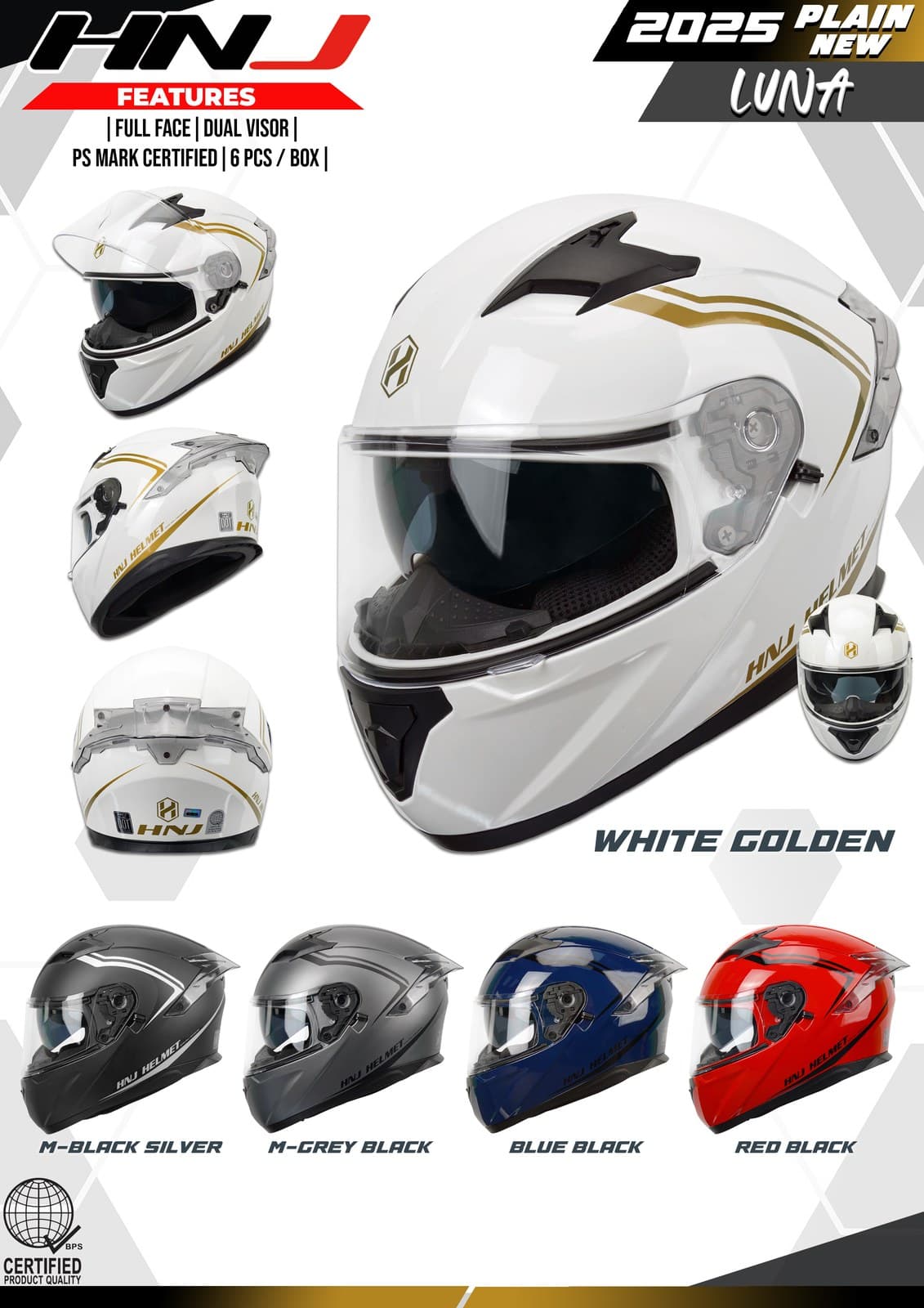 HNJ 2025 Plain Luna Full Face Motorcycle Helmet