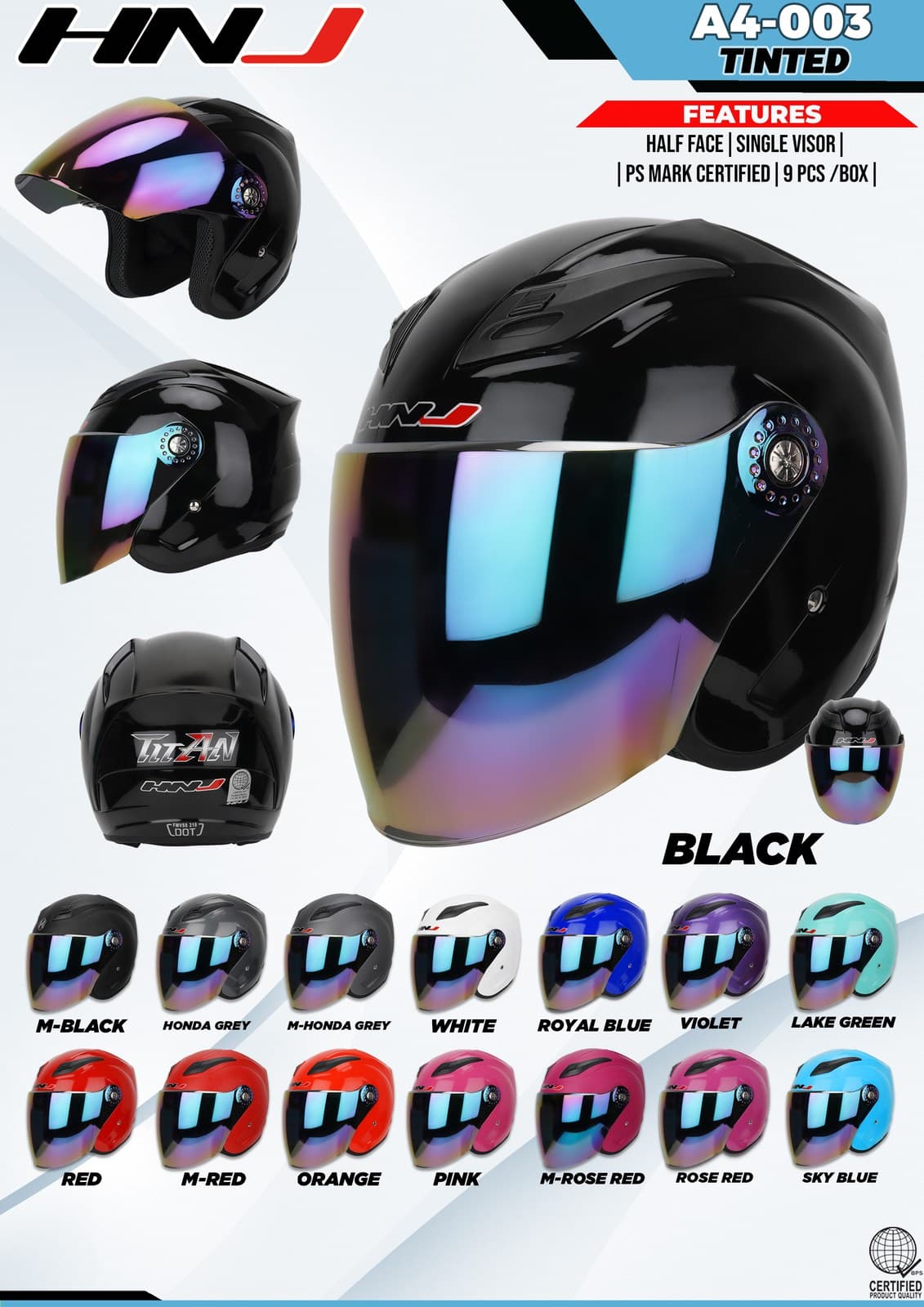 HNJ A4-003 Tinted Half Face Motorcycle Helmet