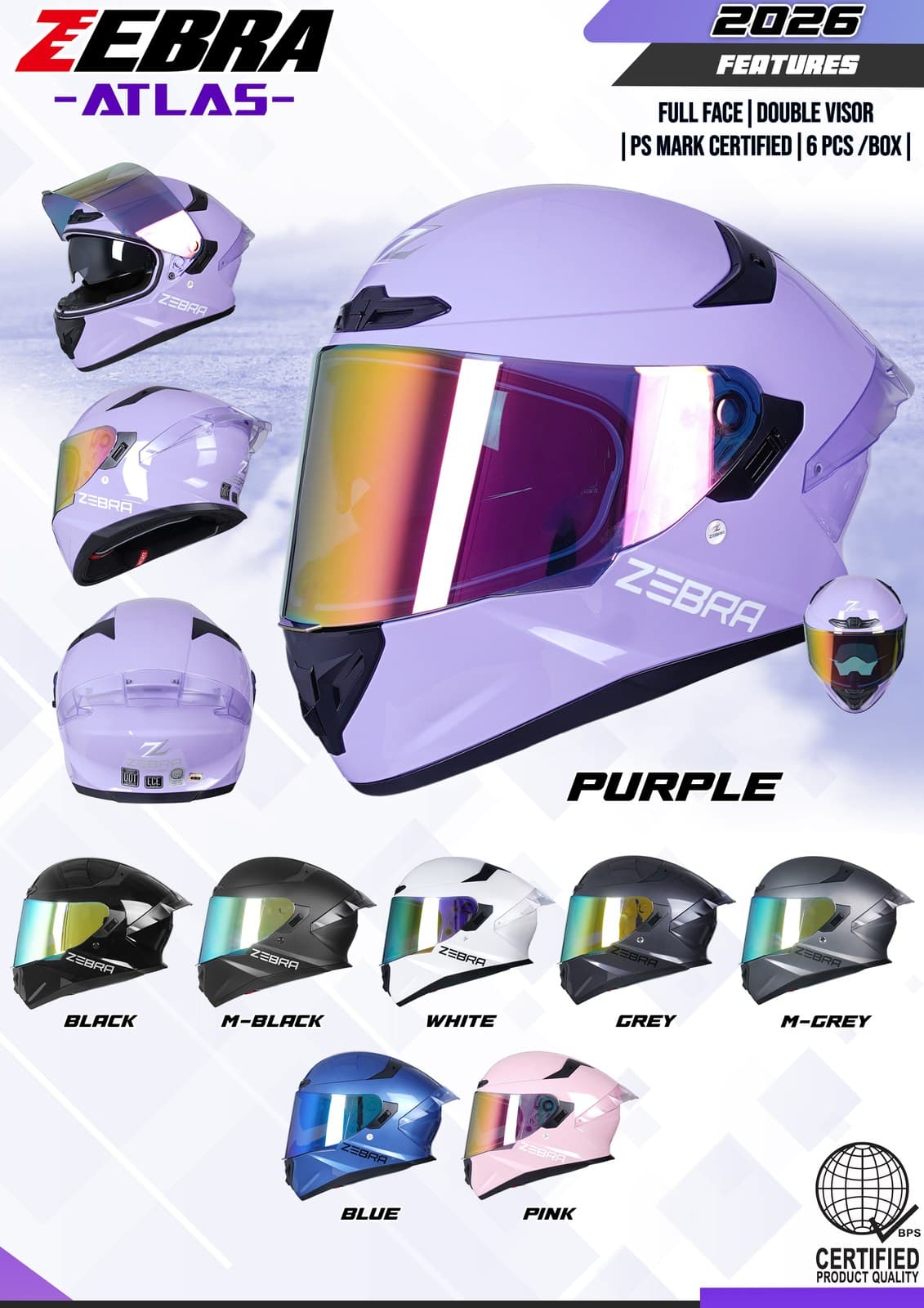 ZEBRA 2026 Atlas Plain Modular Motorcycle Helmet