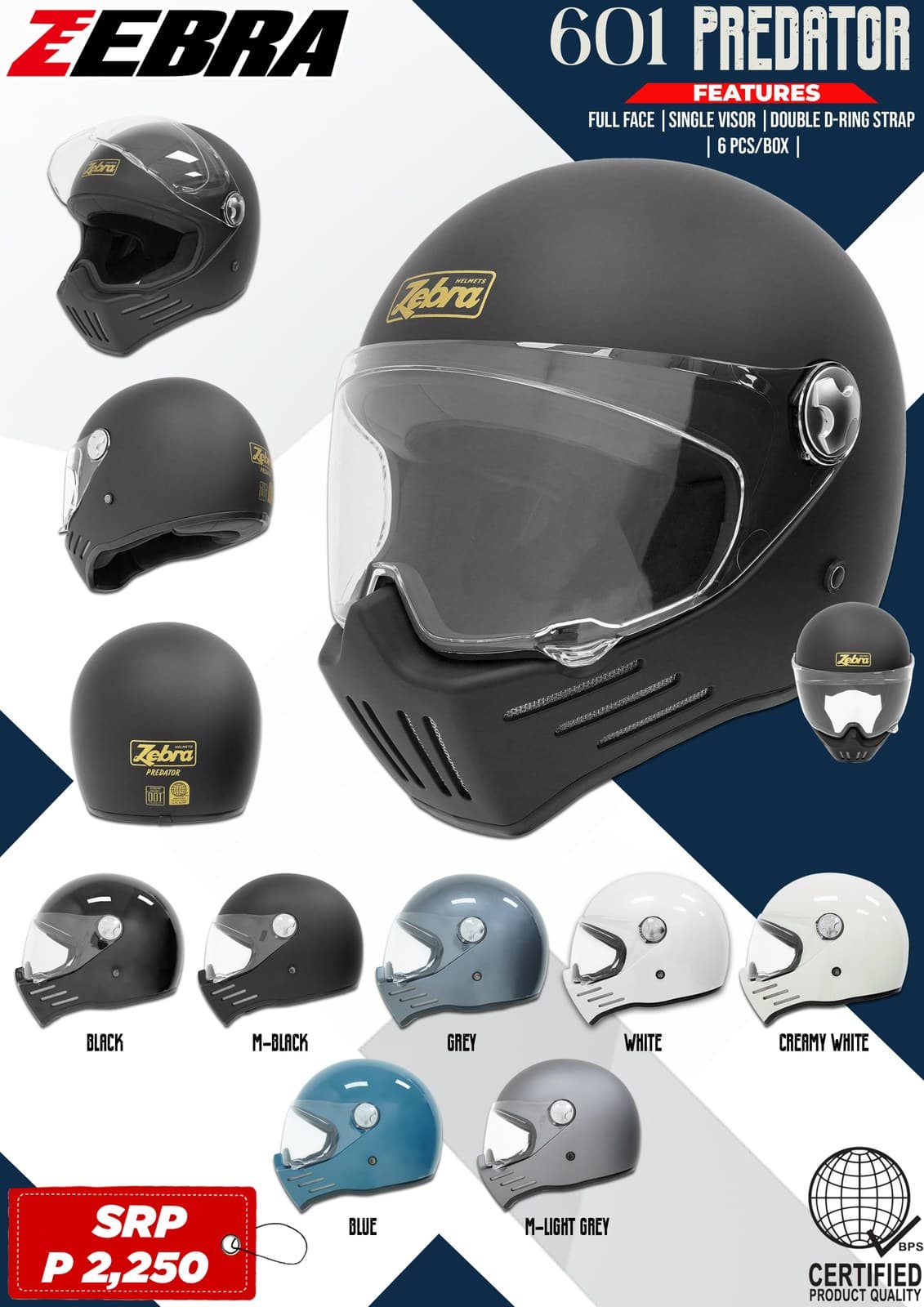 ZEBRA 601 Predator Plain Full Face Motorcycle Helmet