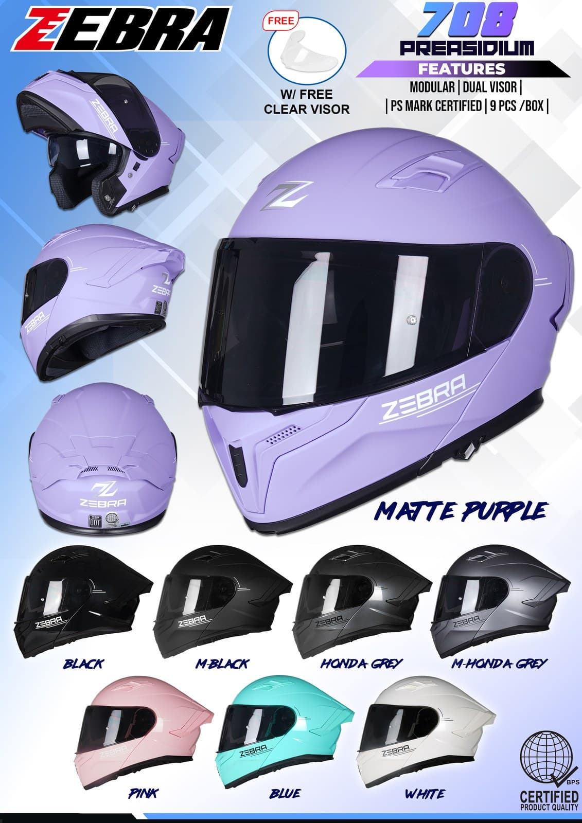 ZEBRA 708 Praesidium Plain Modular Motorcycle Helmet