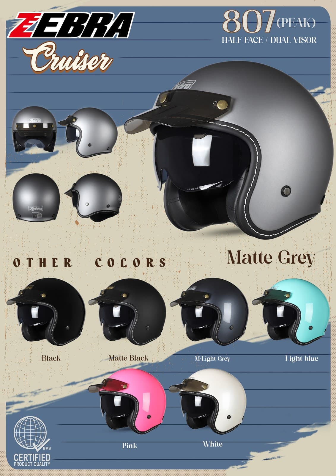 ZEBRA 807 Cruiser Plain (Peak) Modular Motorcycle Helmet
