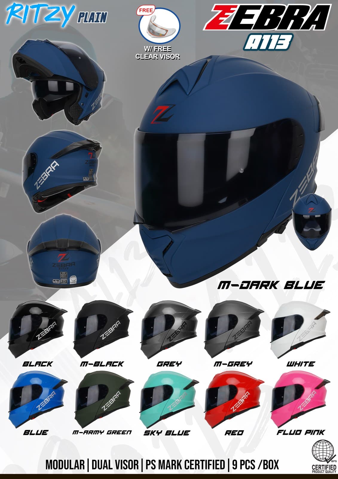 ZEBRA A113 Ritzy Plain Modular Motorcycle Helmet