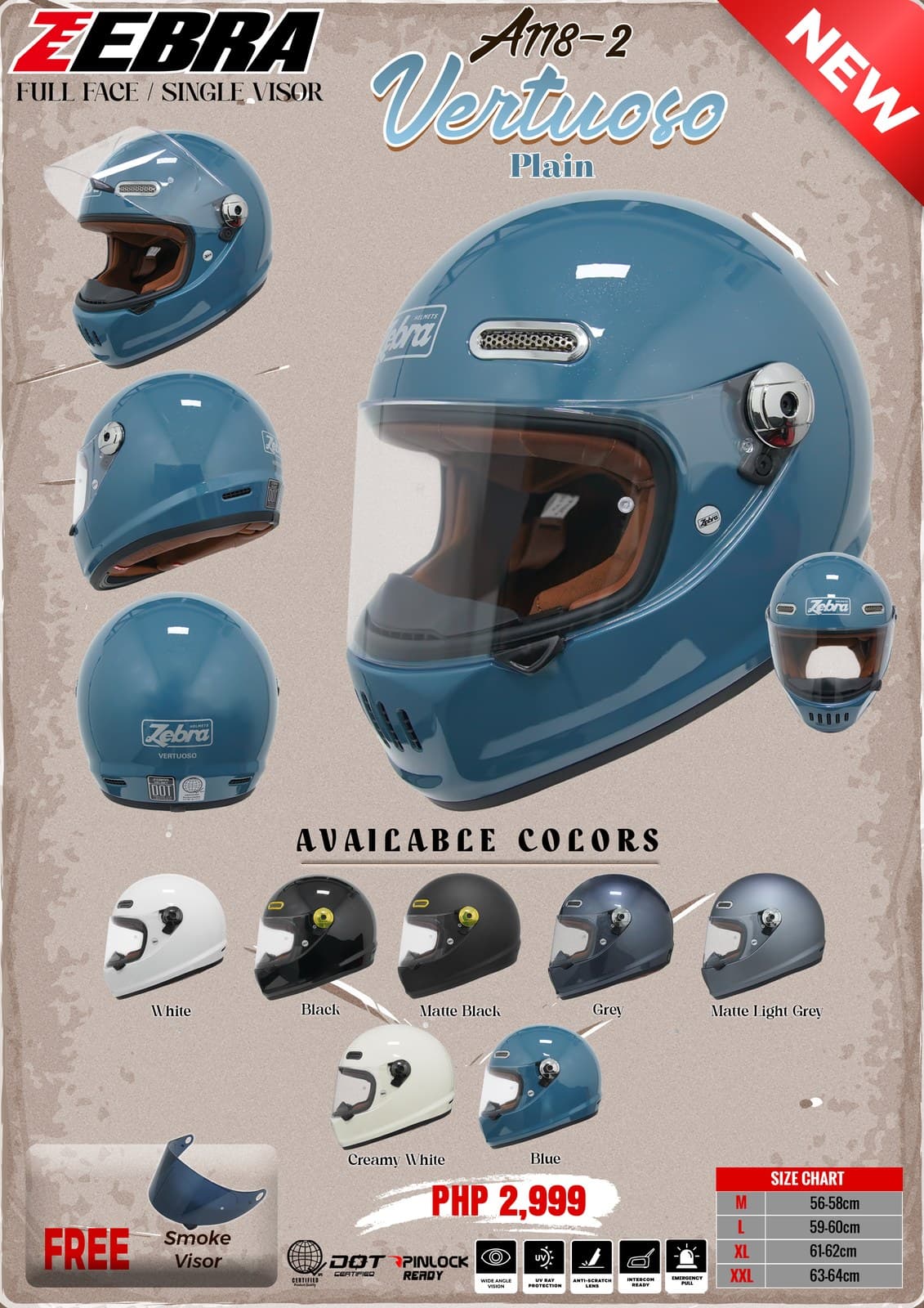 ZEBRA A118-2 Vertuoso Plain Full Face Motorcycle Helmet
