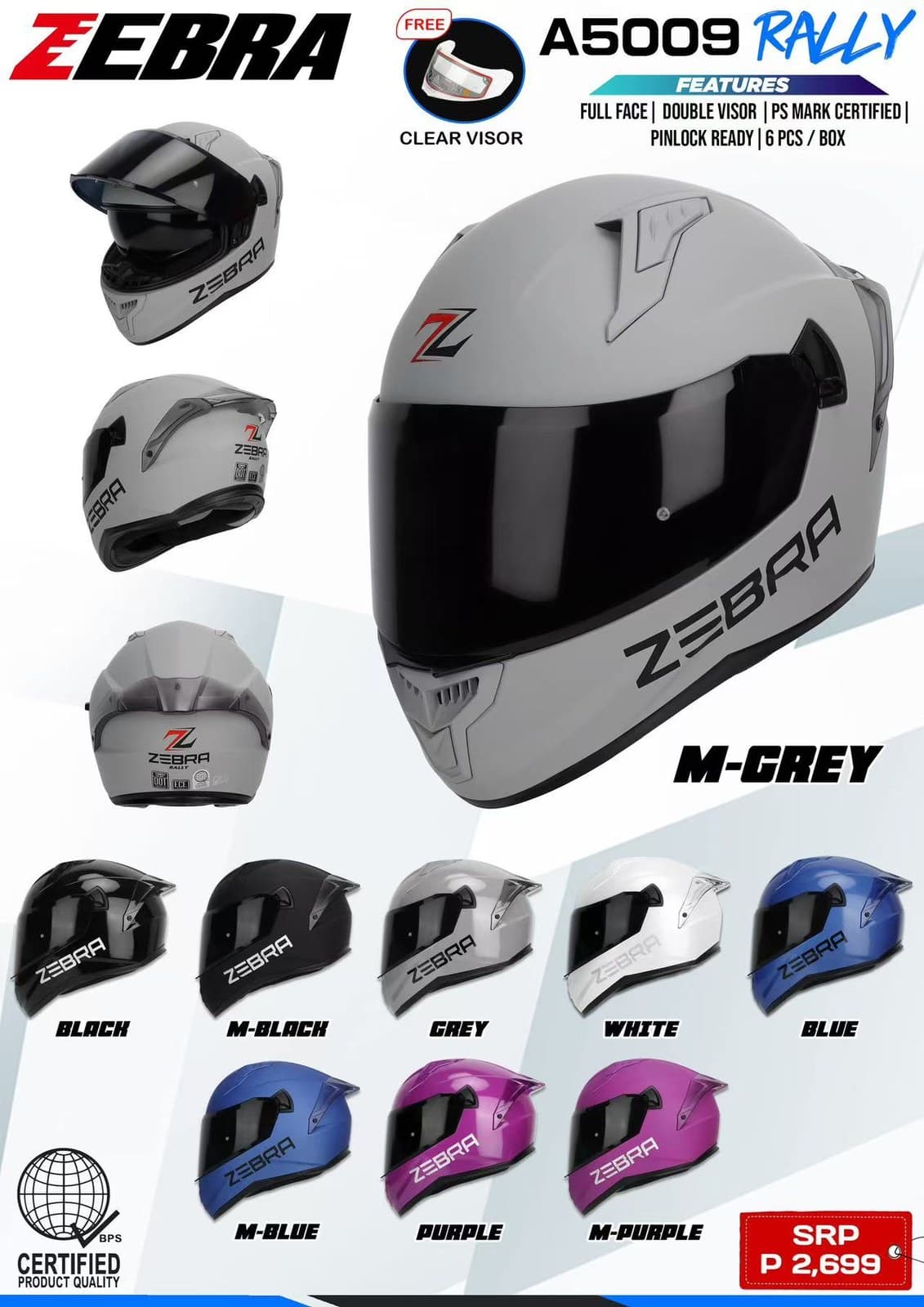 ZEBRA A5009 Rally Plain Full Face Motorcycle Helmet