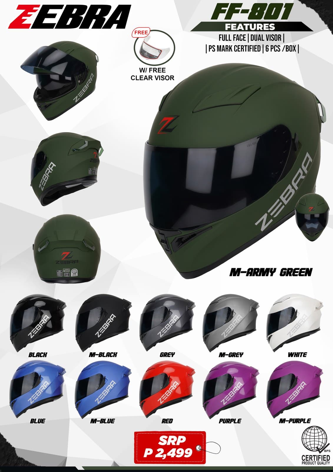 ZEBRA FF801 Plain Full Face Motorcycle Helmet