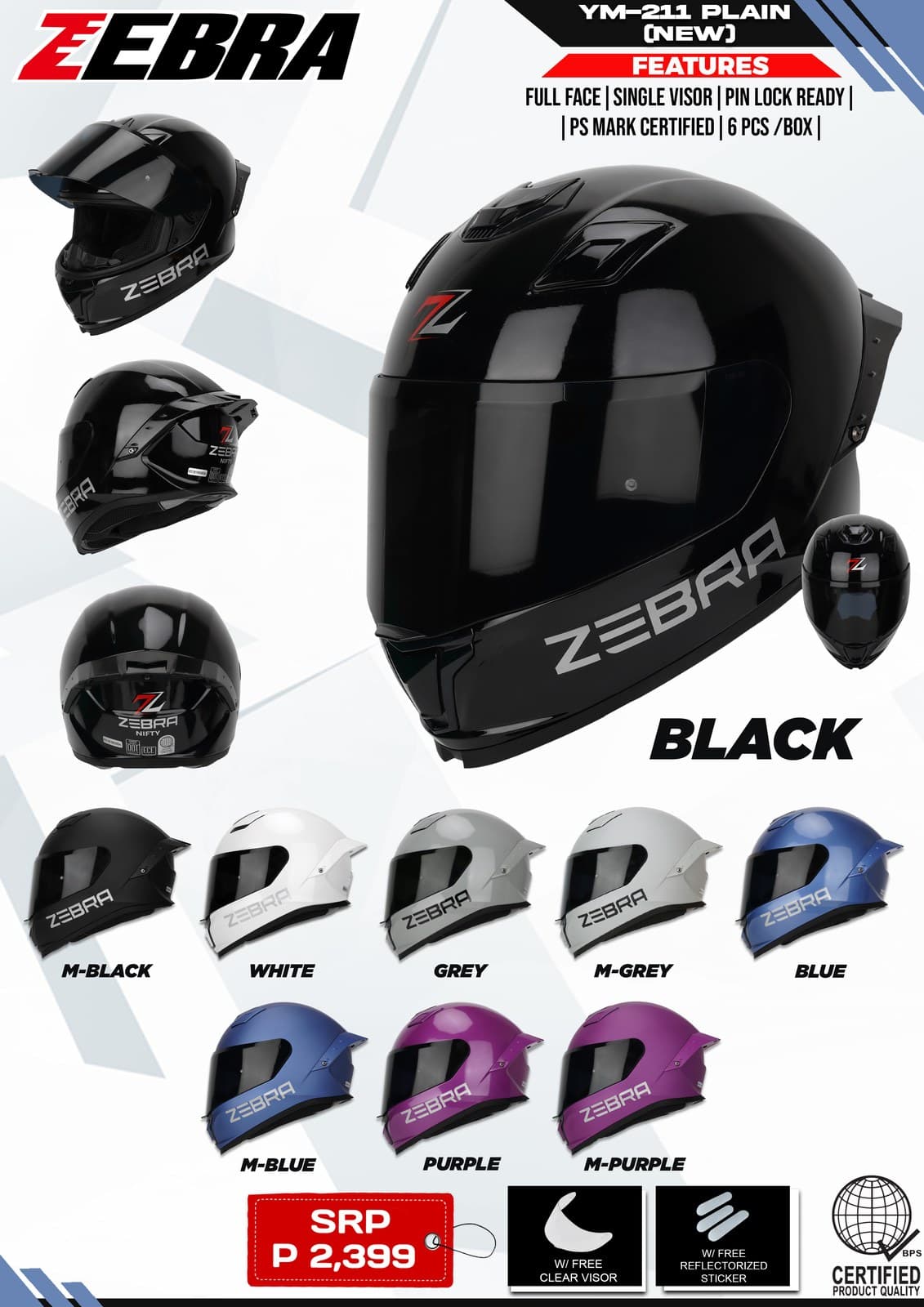 ZEBRA YM-211 Plain (New) Full Face Motorcycle Helmet