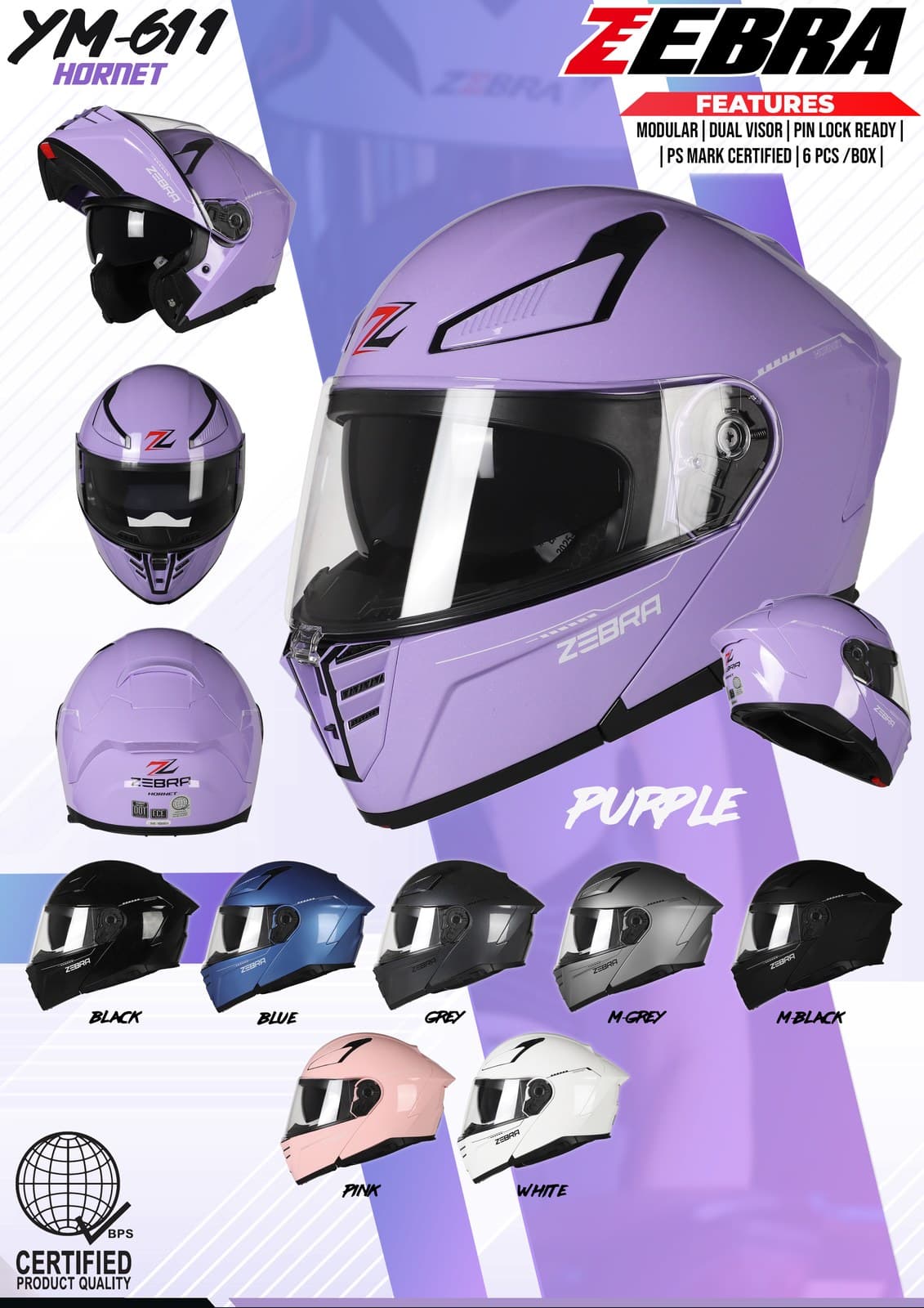 ZEBRA YM-611 Hornet Plain Modular Motorcycle Helmet