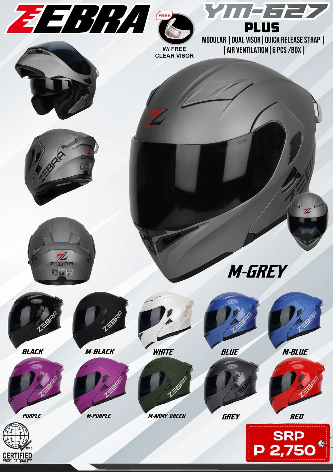 ZEBRA YM-627 Plus Plain Modular Motorcycle Helmet