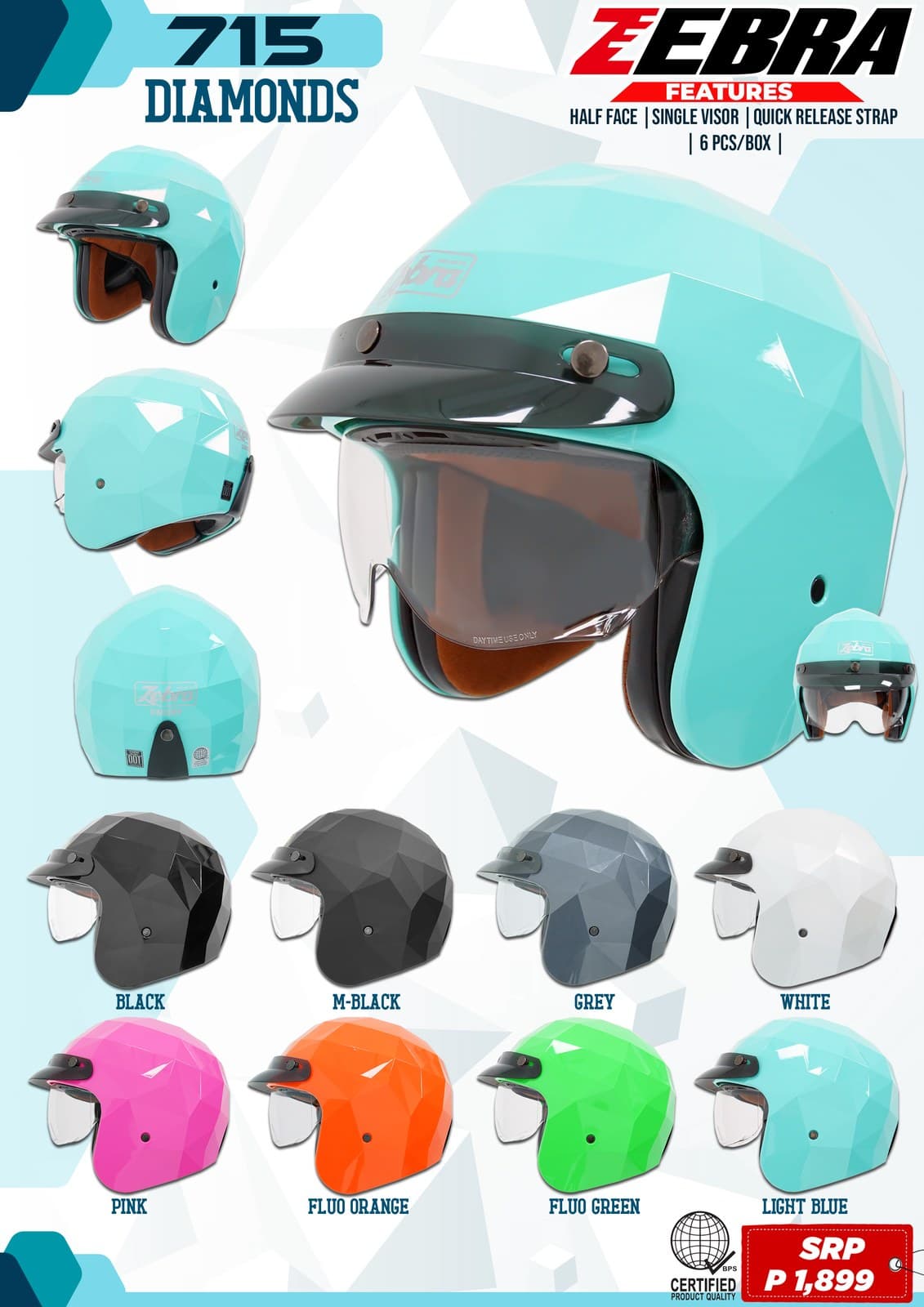 ZEBRA 715 DIAMONDS Plain Half Face Helmet ZEBRA 715 DIAMONDS Plain Half Face Helmet - Main image